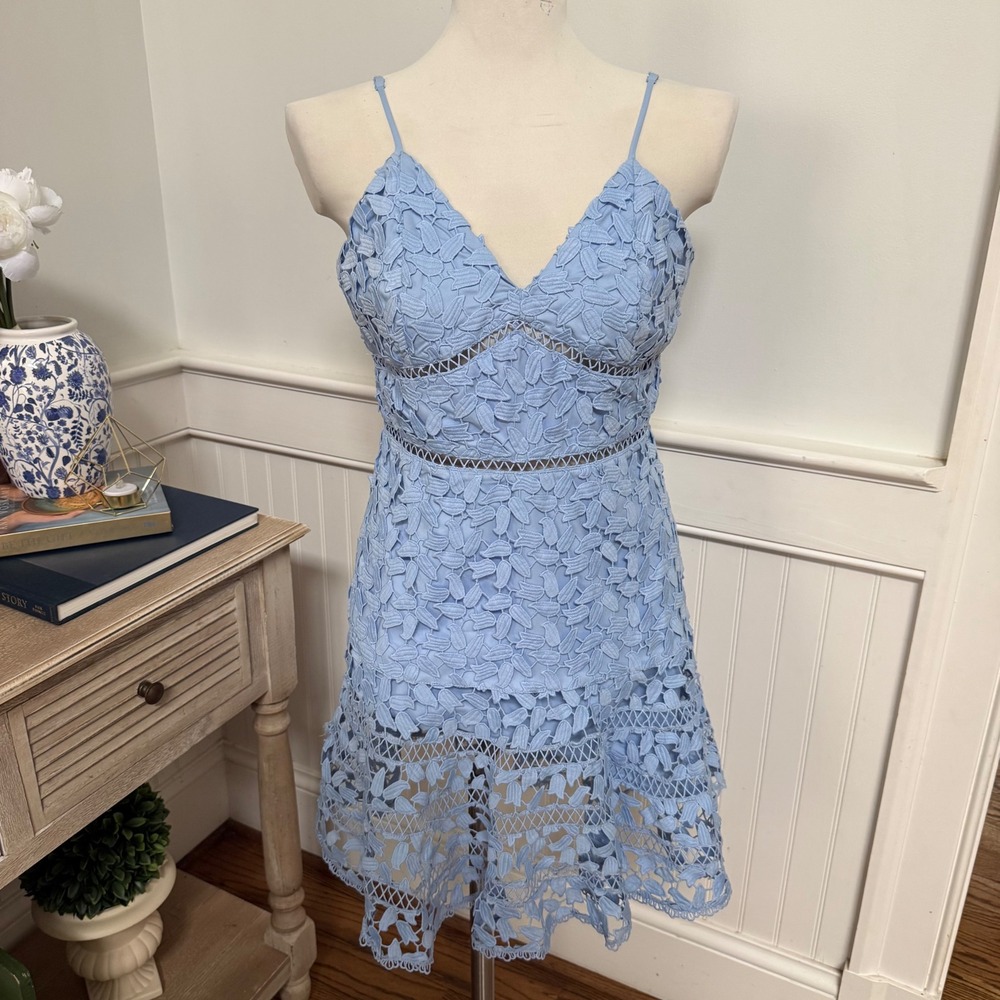 Bardot Lace Fit Flare Mini Dress Baby Blue Spaghetti Straps V Neck Size 8